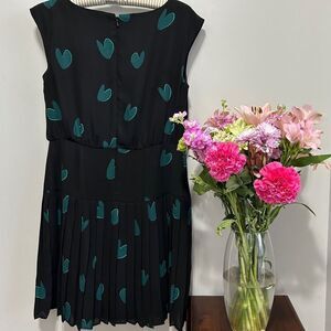 LOFT Pleated Black Dress with Teal Hearts